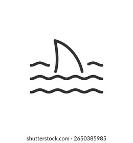 Shark fin in water, linear icon. Threat, danger, risk or maritime alert. Line with editable stroke.