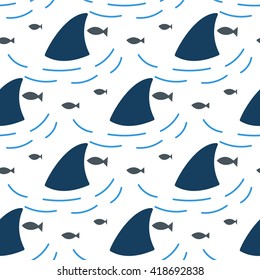 Shark fin in water waves seamless pattern. Flipper and fish in the sea white and blue background surface.