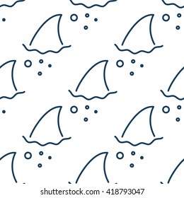 Shark fin in water waves seamless pattern. Flipper of fish in the sea white and blue background surface in outline style.