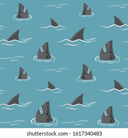 Shark fins and shark heads on a blue background, seamless pattern. Vector background.