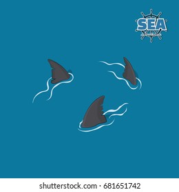 Shark fins on a blue background. Danger fish in isometric style. 3d illustration. Pirate game. Vector illustration

