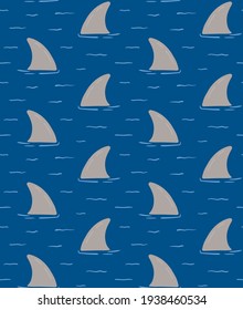 Shark fins in the sea simple childish nautical seamless pattern on blue background. Hand drawn vector illustration. Scandinavian style flat design. Concept for kids textile print, wallpaper, packaging