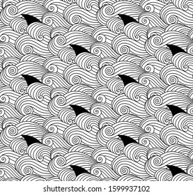 Shark fins, waves abstract vector seamless background. Ocean mammals, sea tides pattern. Doodle contour outline marine black and  white wallpaper design. Zentangle coloring book page illustration.