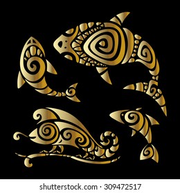 Shark, Fish, and Chameleon. Tribal pattern set. Polynesian tattoo style. Vector illustration.