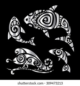 Shark, Fish, and Chameleon. Tribal pattern set. Polynesian tattoo style. Vector illustration.