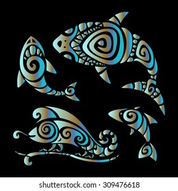 Shark, Fish, and Chameleon. Tribal pattern set. Polynesian tattoo style. Vector illustration.