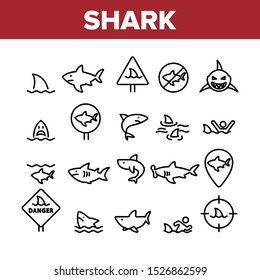 Shark Fish Collection Elements Icons Set Vector Thin Line. Dangerous Shark In Target And On Gps Mark, Human Silhouette In Water And Sharkfin Concept Linear Pictograms. Monochrome Contour Illustrations