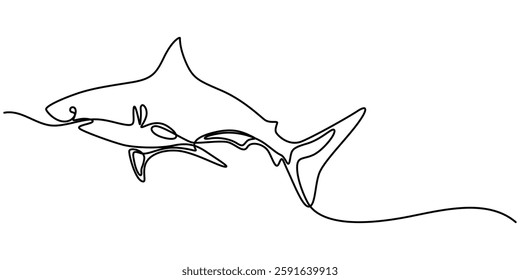 Shark fish in continuous line art drawing style. Minimalist black linear sketch on white background. Vector illustration, Sharks fish Continuous one line drawing of fish isolated flat pro vector.