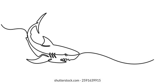 Shark fish in continuous line art drawing style. Minimalist black linear sketch on white background. Vector illustration, Sharks fish Continuous one line drawing of fish isolated flat pro vector.