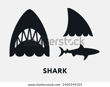 Shark Fish Jaws Tail. Flat Vector Icon Set.