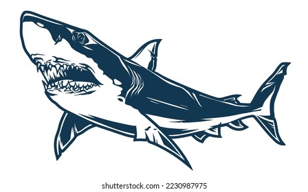 Shark fish monochrome detailed logotype angry underwater predator living in sea or ocean with sharp teeth vector illustration
