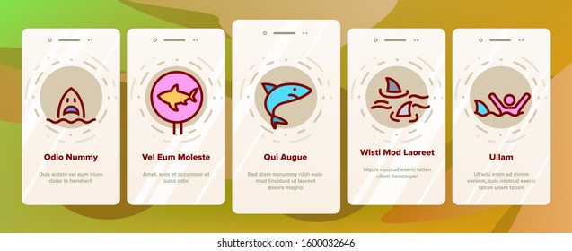 Shark Fish Onboarding Mobile App Page Screen Vector. Dangerous Shark In Target And On Gps Mark, Human Silhouette In Water And Sharkfin Illustrations