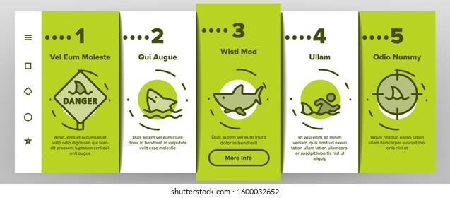 Shark Fish Onboarding Mobile App Page Screen Vector. Dangerous Shark In Target And On Gps Mark, Human Silhouette In Water And Sharkfin Illustrations