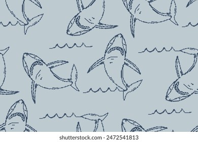 Shark fish seamless pattern on blue background. Sharks seamless background in 8 bit style. Repeat vector pixel print with predator fish illustration