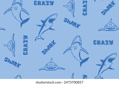 Shark fish seamless pattern on blue background. Sharks seamless background in 8 bit style. Repeat vector pixel print with predator fish illustration