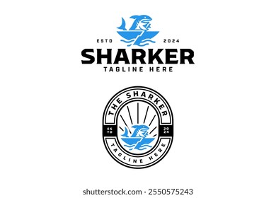 tubarão peixe com navio e paddle emblema logotipo design set. tubarão azul é projeto de elemento minimalista de remo. tubarão com barco de madeira, remo simples ilustração logotipo para pesca esporte, pesca, pescador