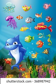 Shark and fish swimming under the sea illustration