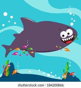 Shark and fish swimming underwater. Vector Illustration