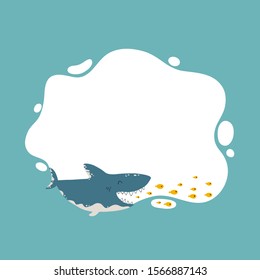 Shark And Fish Template. Cute Vector Childish Illustration In Simple Hand-drawn Cartoon Scandinavian Style. Marine Frame For Text Or Photo.