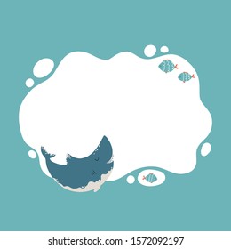 Shark and fish template. Cute vector childish illustration in simple hand-drawn cartoon scandinavian style. Marine Frame for text or photo.