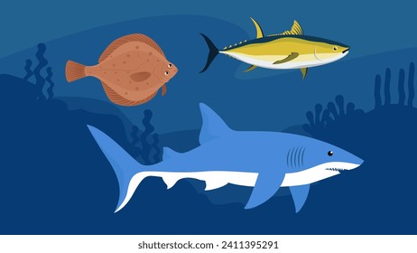 Tiburón y pescado. Ilustración vectorial en estilo plano sobre fondo azul.