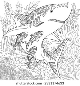 Shark and fishes coloring page. Outline sea design in mandala and zentangle style