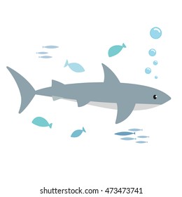 Shark and fishes, isolated on white background. Kiddy style illustration. Vector.