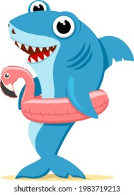 Shark with flamingo inflatable ring on a white background. The character