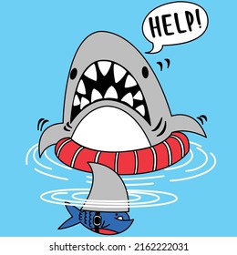 SHARK FLOATING IN THE SEA IN A LIFE SAVER AND A FISH DECEIVES HIM