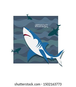 Shark. Flock of frolicking sharks. Poster. Development of emblems for a thematic site, diving club and diving.