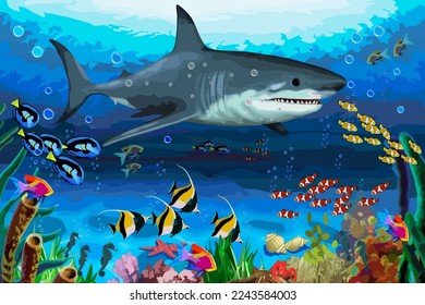 Shark and flocks of colorful fish.Vector illustration with a shark and flocks of fish and animals underwater.