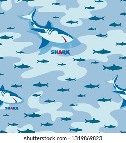Shark and flocks of fishes. Seamless patterns. Design for textiles, thematic site background, diving club and spearfishing.	