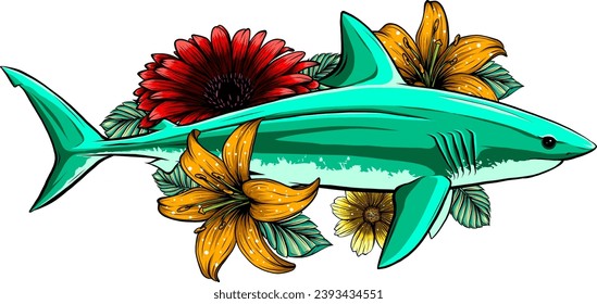 Shark with flower decorative elements design vector