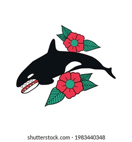 shark and flower illustration in vintage traditional tattoo style