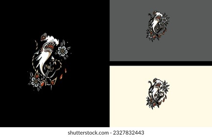 diseño de mascota vectorial de tiburones y flores