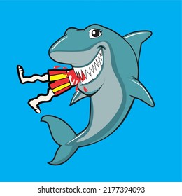  shark Funny cartoon eating a swimmer. isolated from the background