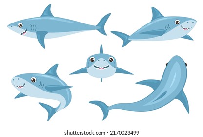 Shark funny ocean fish character set. Comic sharks emotions. Shark fish mascot. Vector comic style character wild fish set.