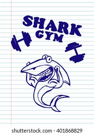 Shark from gym on copybook background. Free hand drawn. Vector illustration. 