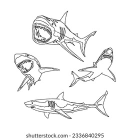 conjunto vectorial de ilustraciones de doodle dibujadas a mano de tiburón