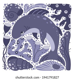 Shark hand drawn illustration. Square cartoon poster of color ocean animal with sea plants, coral, shell. Childish t shirt print, cover design. Flat isolated vector. Monochrome gray blue elements set