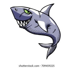 Shark hand drawn image. Original colorful artwork, comic childish style drawing.