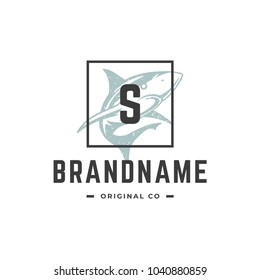 Shark hand drawn logo isolated on white background vector illustration for labels, badges, t-shirt and other design.