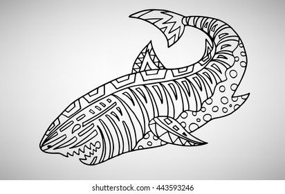 Shark. Hand-drawn with ethnic pattern. Coloring page - isolated on a white background. Zendoodle patterns. Vector illustration.