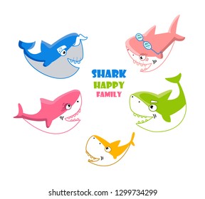 Shark happy family. Cartoon. Fishes