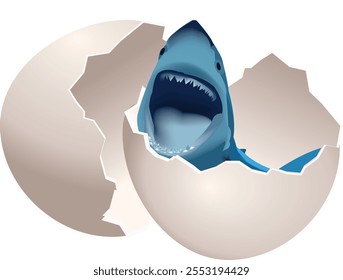 Shark hatching from egg with mouth open wide