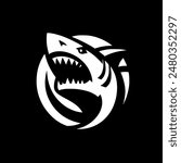 Shark Head Circle Logo Silhouette Black and White