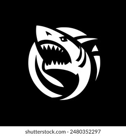 Shark Head Circle Logo Silhouette Black and White