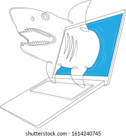 A shark  head emerges from a laptop screen.Continuous single drawn art line minimalism doodle isolated flat illustration outline flat color.Blue color