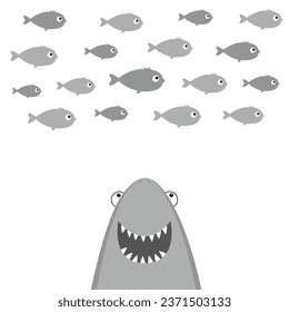 Shark head face with big open mouth and sharp teeth. Fish set. Cute cartoon kawaii animal character. Sea ocean wild animal. Baby card. Sticker print template. Flat design. White background. Vector