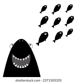 Shark head face with big open mouth and sharp teeth. Black silhouette. Fish set. Cute cartoon kawaii animal baby character. Sea ocean wild animal. Sticker print. Flat design. White background Vector